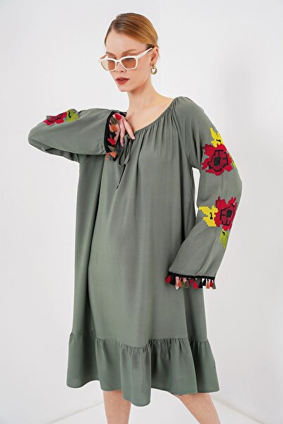 Hiccup Bdart Embroidered Midi Dress with Flounces and Tie-Up Closure