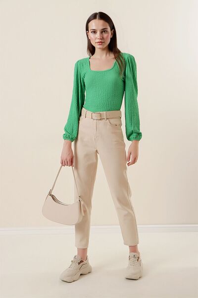 Hiccup Bdart Textured Square Neck Long Sleeve Blouse