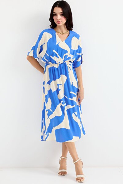 Hiccup Bdart Linear Patterned V-Neck Midi Dress with Pulls