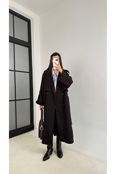 Gaus Mürdüm Kuşaklı Astarlı Cepli Premium Uzun Trençkot GAUS-00119