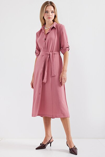 Hiccup Bdart Textured Midi Dress with Shirt Collar and Char Bow