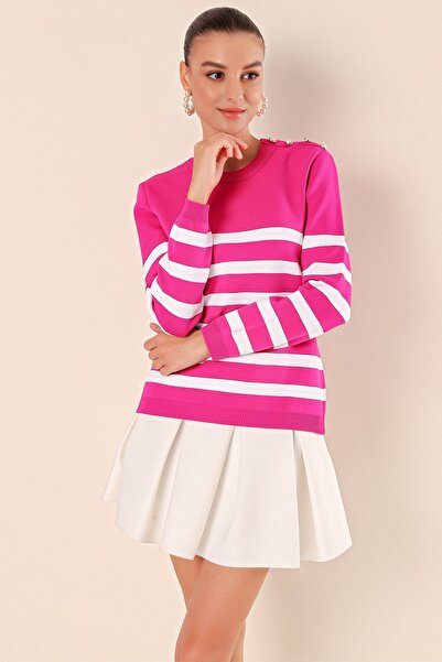 Hiccup Bdart Striped Acrylic Straight Neck Sweater with Button Detail