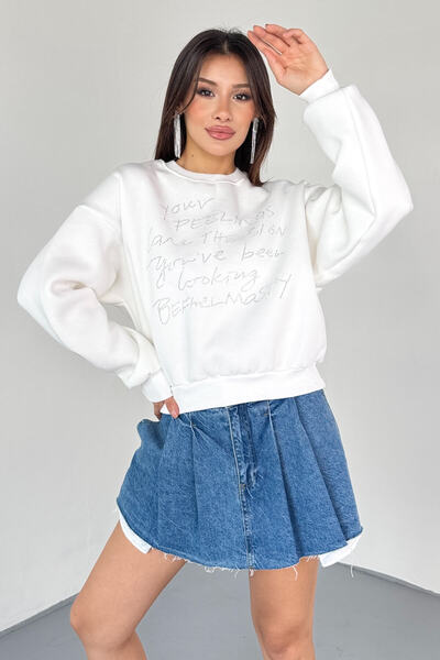 Cappmoda Swt-233 White Handwritten Stone Embroidered Sweatshirt