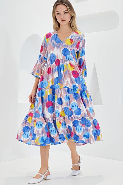 Hiccup Bdart Patterned V-Neck Midi Dress Short Sleeve