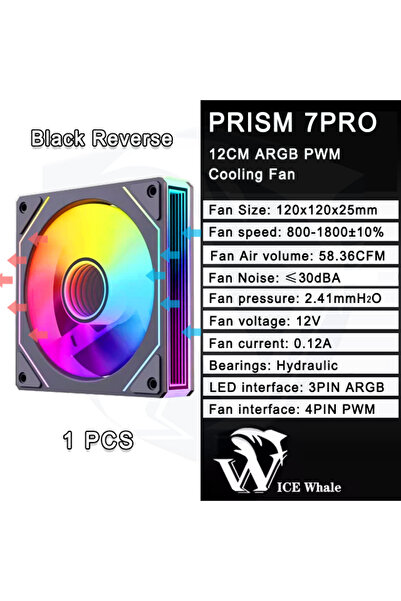 choice2 مروحة هيكل A-RGB أبيض أسود معكوسة من Whale PRISM 7PRO مقاس 120 مم ARGB بسرعة 1800 دورة في الدقيقة و4 سنون PWM وسعة هواء كبيرة