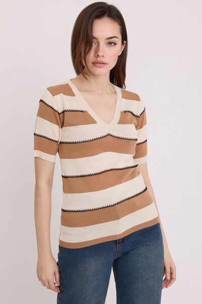 Hiccup Bdart Striped V-Neck Ribbed Blouse