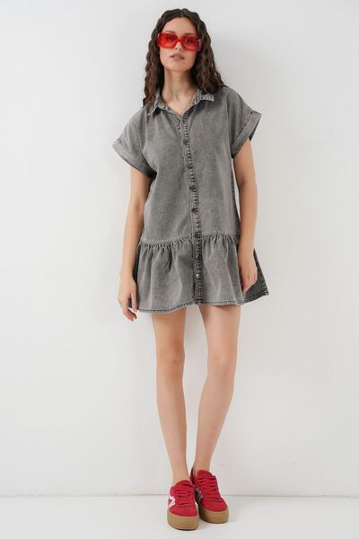 Hiccup Bdart Shirt Collar and Button Detail Short Denim Dress