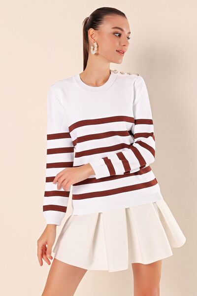 Hiccup Bdart Striped Acrylic Straight Neck Sweater with Button Detail