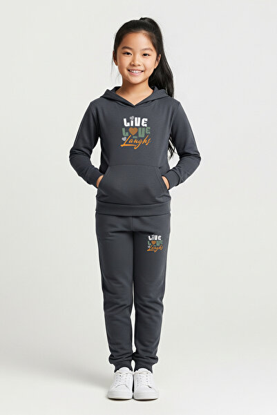 YA KO KİDS Live Love Printed Girl's Tracksuit Set with Hooded Kangaroo Pocket