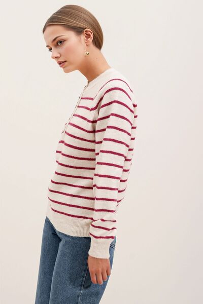 Hiccup Bdart Buttoned Closure Detailed Striped Knit Sweater