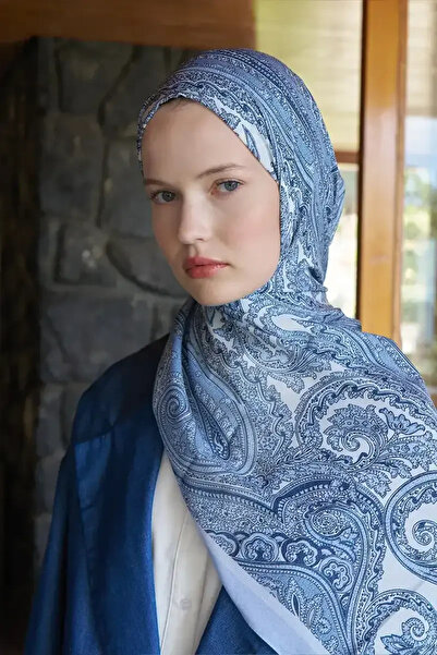 Madame Polo Fransız İpeği Saray Desen Şal - Açık Mavi