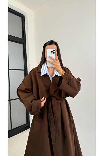 Gaus Kahve Kuşaklı Astarlı Cepli Premium Uzun Trençkot GAUS-00119