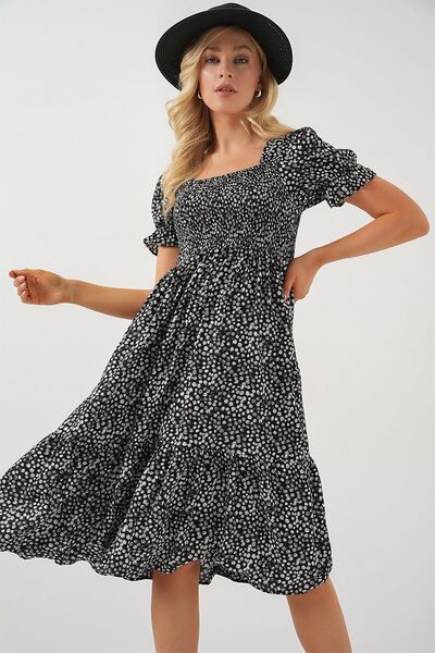 Hiccup Bdart Floral Square Neck Tie Midi Dress