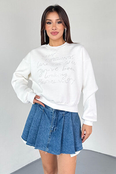 Cappmoda Swt-233 White Handwritten Stone Embroidered Sweatshirt