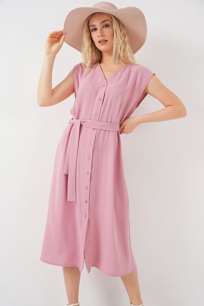 Hiccup Bdart Buttoned V-Neck Textured Midi Dress