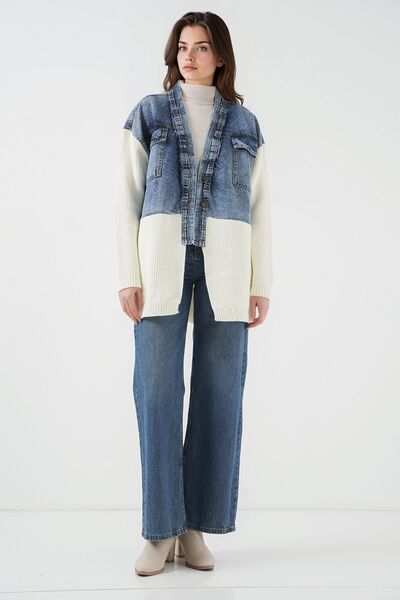Hiccup Bdart Shawl Collar Patterned Long Jean Jacket
