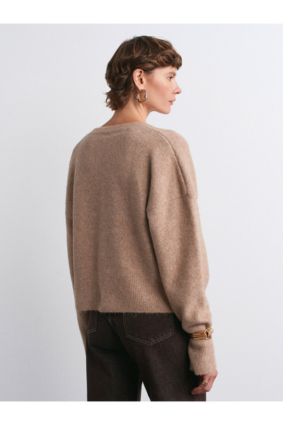 Dilvin 10645 V-Neck Soft Textured Knitwear Sweater-O.Beige Mel.