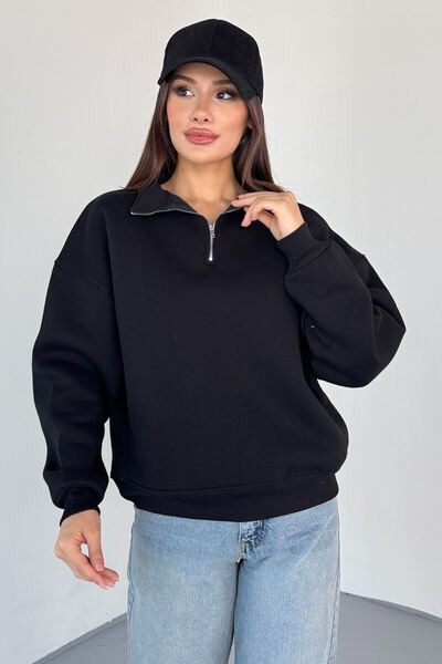 Cappmoda Swt-1870 Black Half Zipper High Collar Basic Sweatshirt