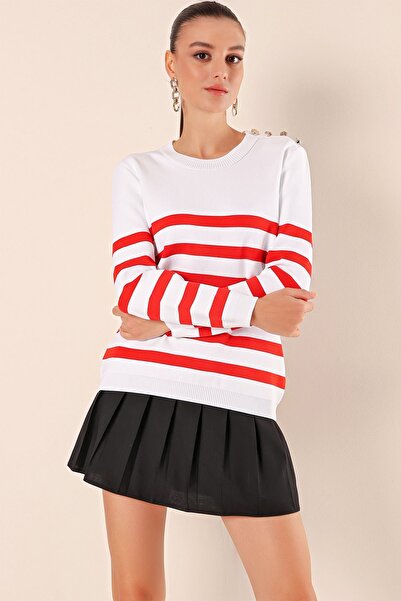 Hiccup Bdart Striped Acrylic Straight Neck Sweater with Button Detail