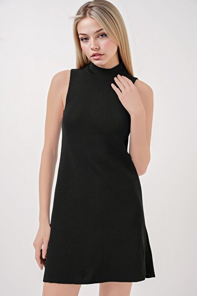 Hiccup Bdart Half-High Collar Ribbed Knit Mini Dress