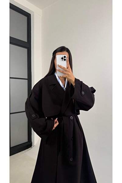 Gaus Mürdüm Kuşaklı Astarlı Cepli Premium Uzun Trençkot GAUS-00119