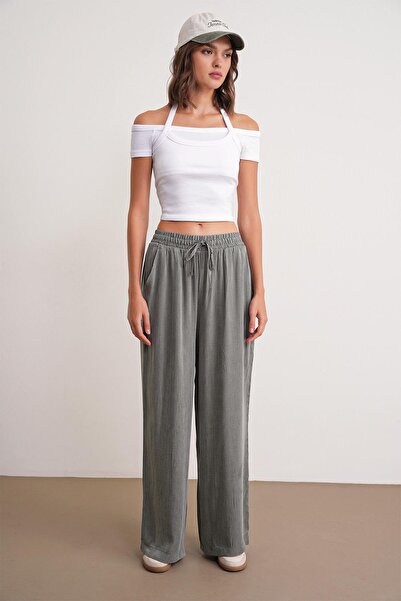 Mixray 4697 Women's Vintage Lace-Up Satin Wide Leg Palazzo Pants Khaki