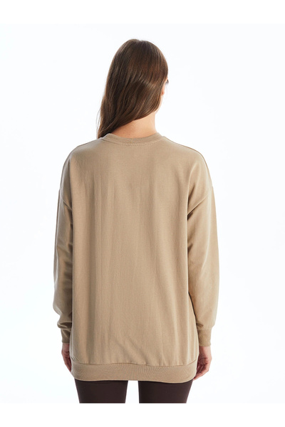 LC Waikiki LCW Modest Bej Bisiklet Yaka Baskılı Kadın Sweatshirt Tunik