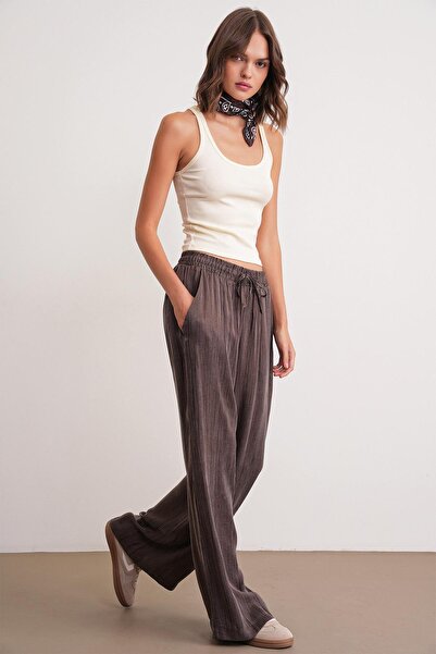 Mixray 4697 Women's Vintage Lace-Up Satin Wide Leg Palazzo Pants Brown