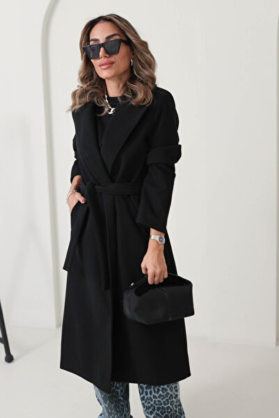 Prilika Palton lung supradimensionat pentru femei, căptușit cu negru, cu buzunare, cu centură