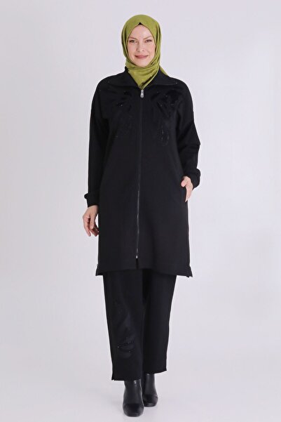 behrem Front Zippered Velvet Embroidery Detailed Plus Size Hijab Trouser Suit 35135 Black