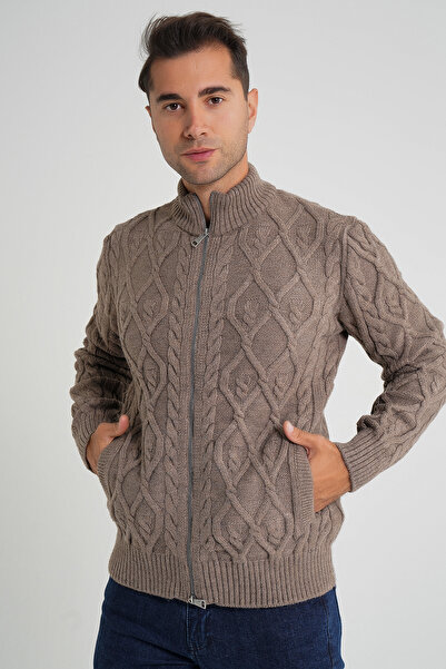 Trist Star Men's Milk Coffee Pocket Zippered Walking Hair Braided Wool Cardigan Trist-5355