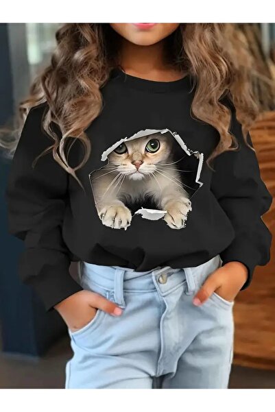 oneagılyazı Зимна суитшърт с качулка, детска с принт на истинско коте