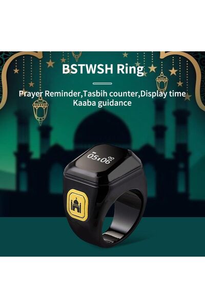 BSTWSH خاتم ذكر 18 مم | تذكير بأوقات الصلاة، شاشة OLED، عداد التسبيح، خاتم ذك...