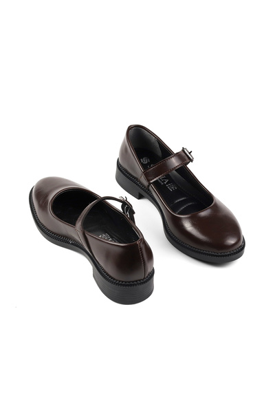 KAJILA Women's Brown Mother Shoes Buckled Patent Leather Anti-Slip Thermo Sole Short Heeled Comfortable Casual