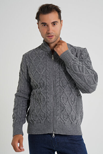 Trist Star Men's Dark Gray Pocket Zippered Walking Hair Braided Wool Cardigan Trist-5355