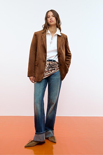 Stradivarius Normal Kesim Suni Süet Blazer Ceket