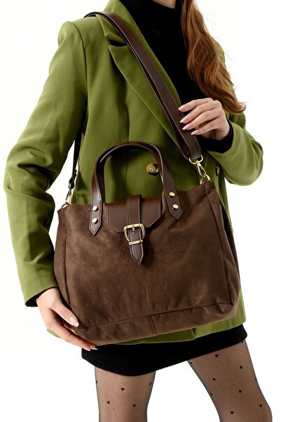 ESTUTE Lüks Süet ve Deri Detaylı Omuz çantası