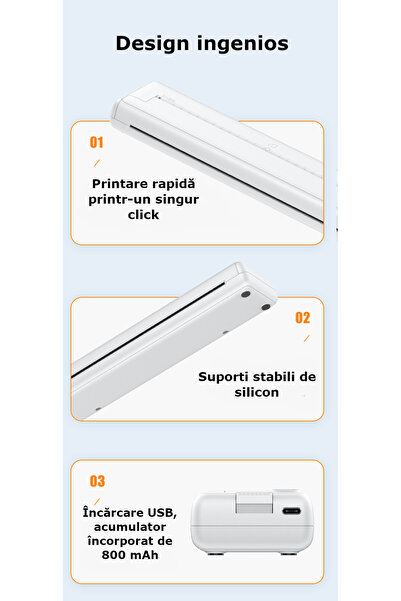 Influential Tech Imprimantă termică A4 ultraportabilă, wireless, Bluetooth, fără cerneală, baterie de 1000 mAh, albă