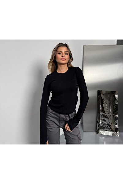 Serra Kadın Siyah Full Likra Parmak Geçmeli Bady