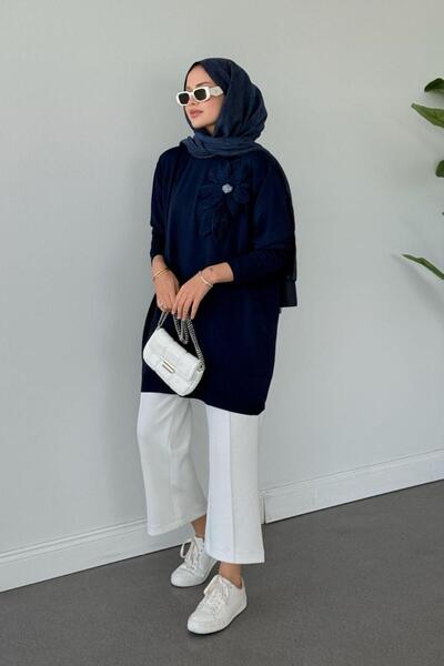 Şulemoda Giyim Merserize Çiçekli Tunik Lacivert