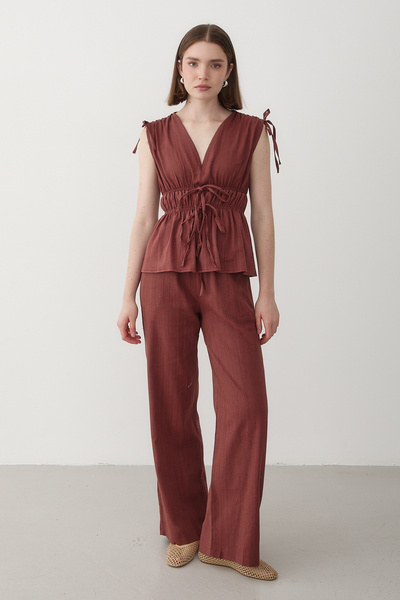 JASTE Women's Yellow Shoulder Waist Gathered Blouse & Elastic Waist Pants Linen Set