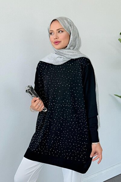 Şulemoda Giyim Merserize Taşlı Tunik Siyah