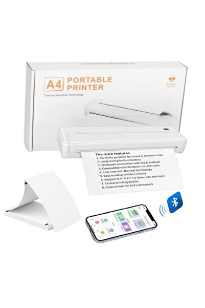 Influential Tech Imprimantă termică A4 ultraportabilă, wireless, Bluetooth, fără cerneală, baterie de 1000 mAh, albă