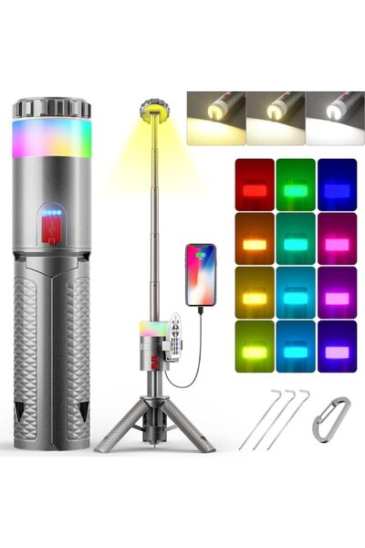 HOZRO Telescopic Flashlight with Tripod, RGB LED, 15 Colors, 1800 Lumens, 10000mAh Battery, Recharge