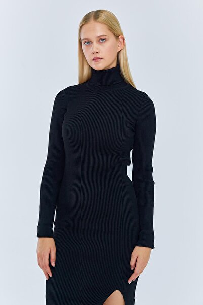 Mixray 6889 Γυναικείο Μακρύ Πλεκτό Φόρεμα Fisherman με σκίσιμο μέρος, μαύρο