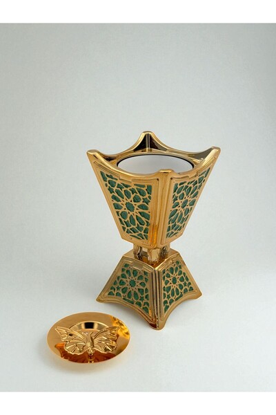 B&D حامل بخور العود باللون الذهبي والأخضر بتصميم كلاسيكي