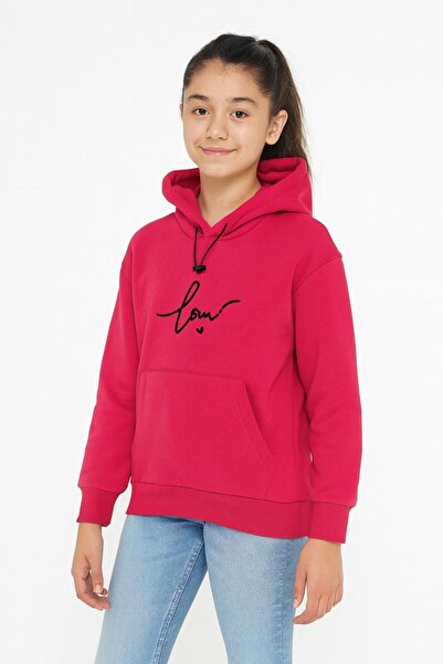 NEWKİDS سويت شيرت بناتي بقلنسوة مطبوع عليه كلمة "حب" مع جيوب على شكل كنغر