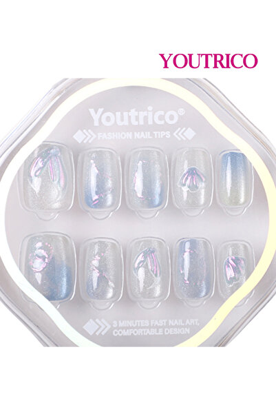 Youtrico 30 قطعة من أظافر الضغط، درع دائري قصير، محيط حورية البحر، أظافر صناعية على شكل أميرة، شيك المدينة يوميًا