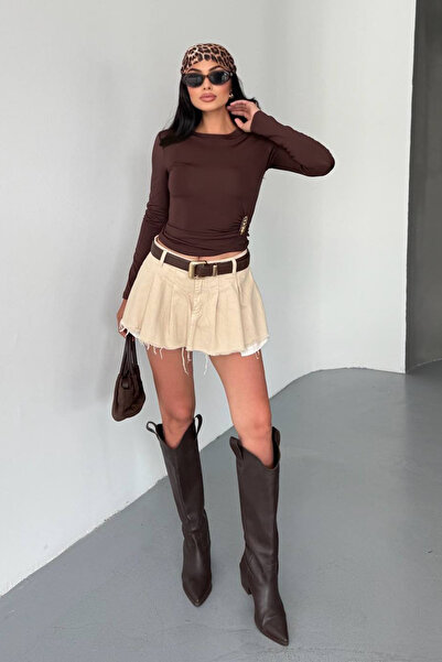 GİYSA Women's Crew Neck Long Sleeve Blouse with Accessory Detail Brown - 26K 2545
