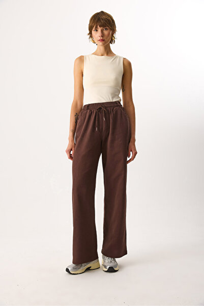 VENA Wide Leg 100% Cotton Trousers with Elastic Waist - Brown